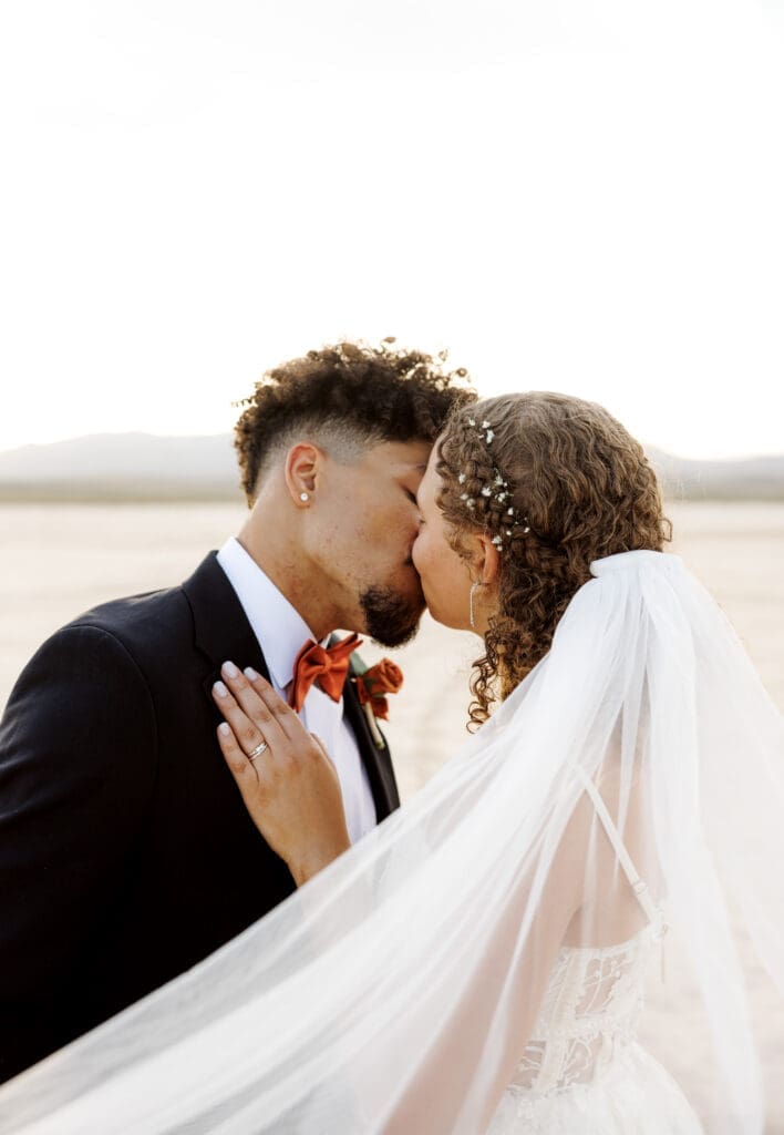 bride and groom kissing with veil in frame