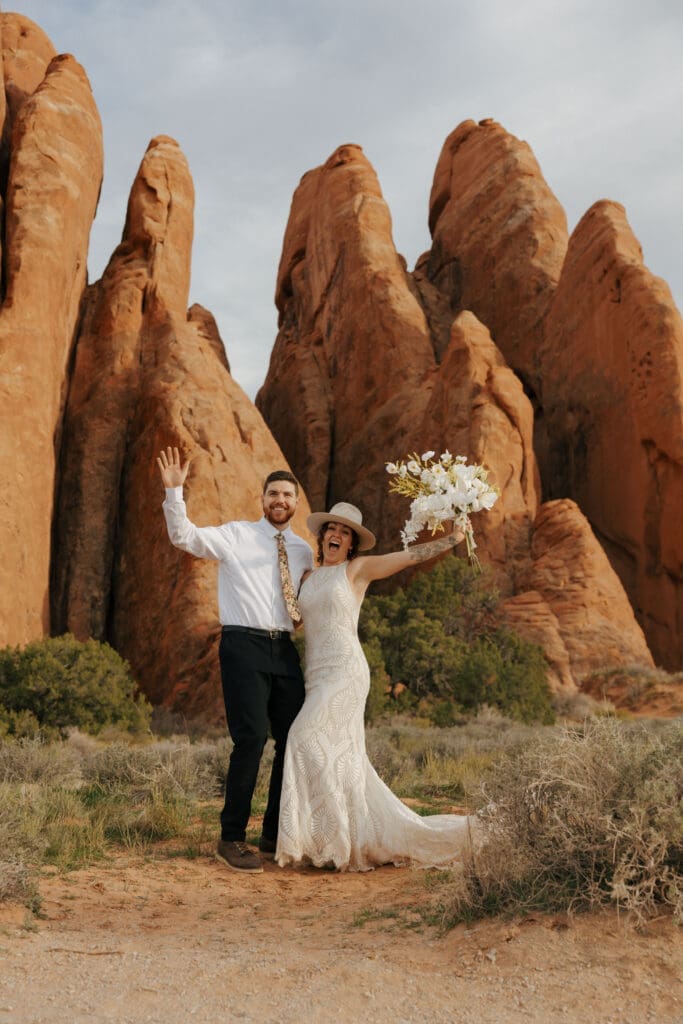 bride and groom celebrating