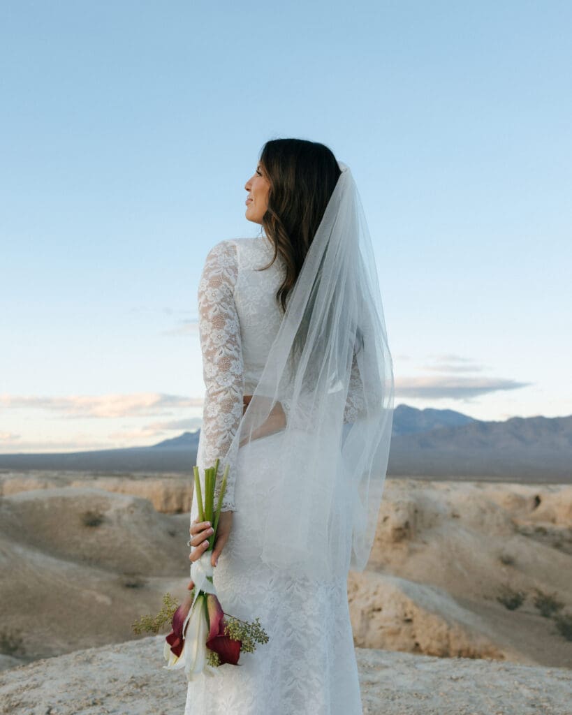 bride posing away from the camera