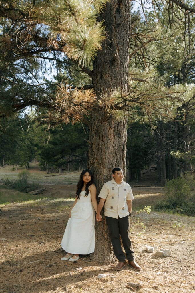 couple holding hands leaning against a tree in mt charleston