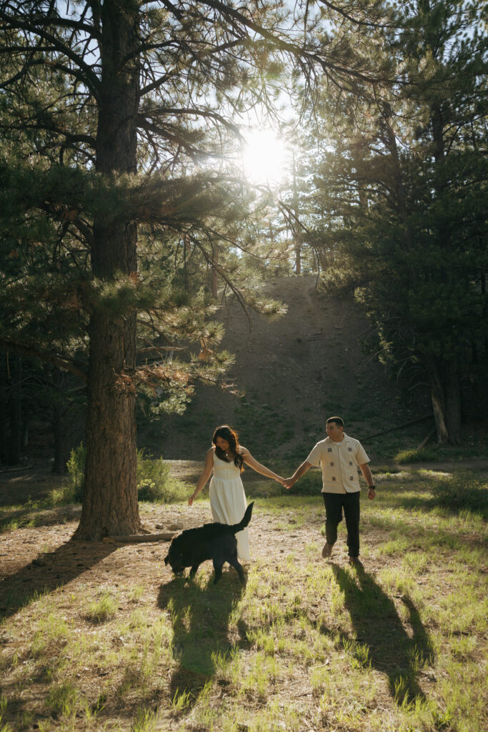 man and woman holding dog watching their dog walk at lee meadows