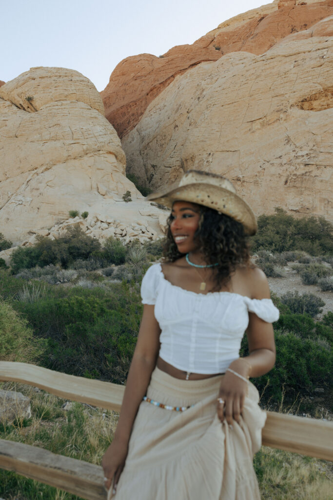 woman posing for desert boho portraits in las vegas