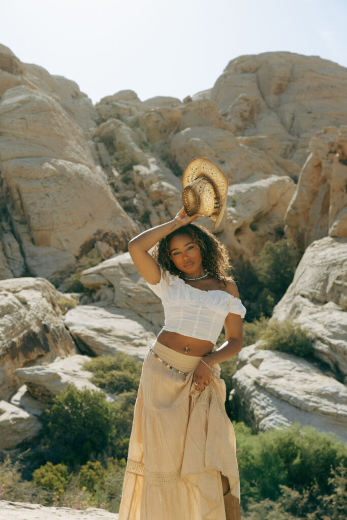 woman posing for desert boho portrait session in las vegas